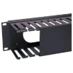 Slotted panels for management of patch leads in IT and comms racks. Durable black powdercoated finish. Features plastic slotted tabs and slide on rear panel cover for a neat finish. 2 RU
