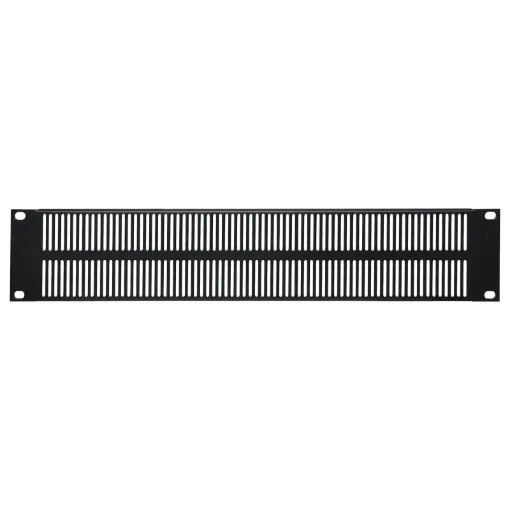 2 Unit vented panel for improving rack ventilation around hot equipment. Powdercoated black.