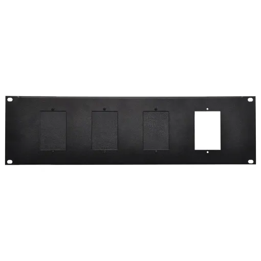 This 3RU plate provides mounting for up to 4 standard electrical wall plates. This allows installers to mount zone control wall plates (such as the Redback A 4490 series) into a rack environment. Supplied with three blanking plates and hardware.