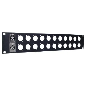 Pre-punched with either 12(1U) or 24(2U). Tough black powdercoated finish. H 5170 & H 5172 suit the following connectors: 

P 0804 XLR 3 Pin Female
P 0824 XLR 5 Pin Female
P 0904 Amphenol XLR 3 Pin Female
P 0924 Amphenol XLR 5 Pin Female

Note: Thi