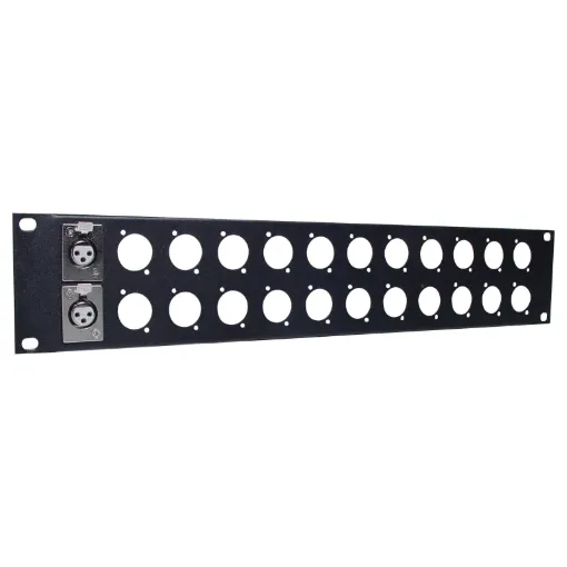 Pre-punched with either 12(1U) or 24(2U). Tough black powdercoated finish. H 5170 & H 5172 suit the following connectors: 

P 0804 XLR 3 Pin Female
P 0824 XLR 5 Pin Female
P 0904 Amphenol XLR 3 Pin Female
P 0924 Amphenol XLR 5 Pin Female

Note: Thi