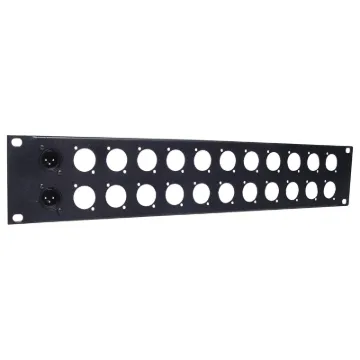 Pre-punched with either 12(1U) or 24(2U). Tough black powdercoated finish. H 5171 & H 5173 suit the following connectors: 

P 0881 Plastic 3 Pin Male XLR 
P 0883 Plastic 3 Pin Female XLR 
P 0833 Neutrik HDMI Chassis D Series Silver. 
P 0850 Neutrik 3