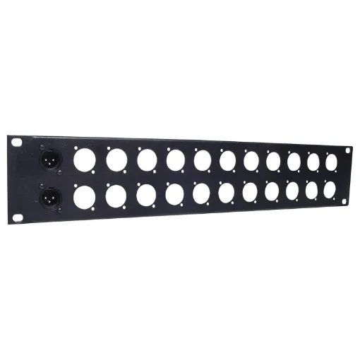 Pre-punched with either 12(1U) or 24(2U). Tough black powdercoated finish. H 5171 & H 5173 suit the following connectors: 

P 0881 Plastic 3 Pin Male XLR 
P 0883 Plastic 3 Pin Female XLR 
P 0833 Neutrik HDMI Chassis D Series Silver. 
P 0850 Neutrik 3