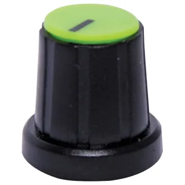 'D' type to suit 1/4" shaft with flattened edge. Removable coloured caps for precise pointer alignment. Unsuitable for R 2154 series wirewound pots.
Green cap

Please Note: These do not fit the D Shaft Rotary Switch series S 3021 to S 3024