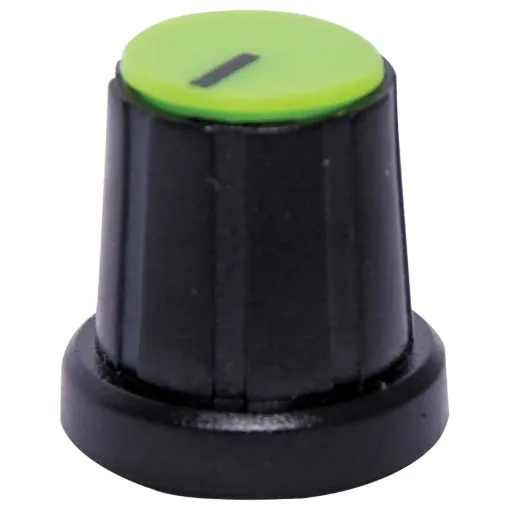 'D' type to suit 1/4" shaft with flattened edge. Removable coloured caps for precise pointer alignment. Unsuitable for R 2154 series wirewound pots.
Green cap

Please Note: These do not fit the D Shaft Rotary Switch series S 3021 to S 3024