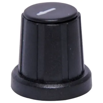 'D' type to suit 1/4" shaft with flattened edge. Removable coloured caps for precise pointer alignment. Unsuitable for R 2154 series wirewound pots.
Black cap

Please Note: These do not fit the D Shaft Rotary Switch series S 3021 to S 3024