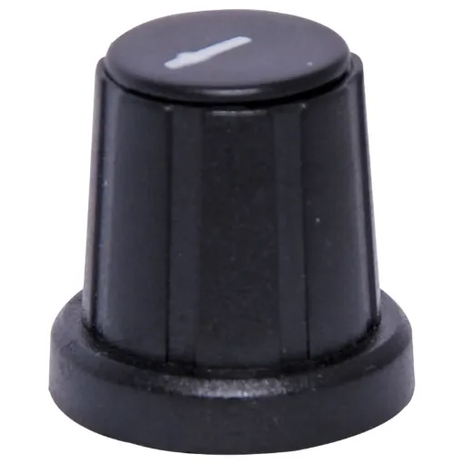 'D' type to suit 1/4" shaft with flattened edge. Removable coloured caps for precise pointer alignment. Unsuitable for R 2154 series wirewound pots.
Black cap

Please Note: These do not fit the D Shaft Rotary Switch series S 3021 to S 3024