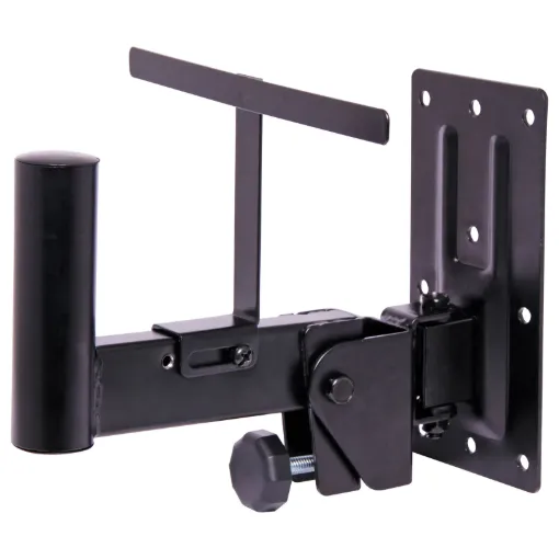Heavy duty wall mount bracket designed for 35mm diameter 'top hat' mounts as found in professional audio loudspeakers. Suitable for speakers up to 40kg in weight. The bracket can be angled 20 deg. vertically and 180 deg. Horizontally.