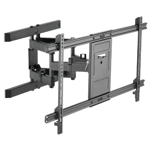This cantilever wall bracket is designed to mount flat or curved screens up to 60kg where quick screen adjustment is required. VESA compliant mounting dimensions from 300x300 to 800x400. +3° to -15° tilt adjustment is provided, plus swivel up to 60° in either horizontal direction.