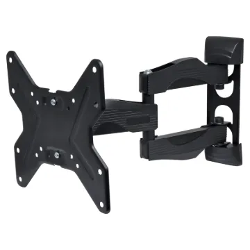 A compact articulated wall bracket for television screens up to 42” in size and 25kg in weight. Max distance from wall 342mm, folds flat to 52mm from wall surface. Provides 180° of adjustment and 15° of tilt. Mounting hole centres at 50mm, 75mm and 200mm square.