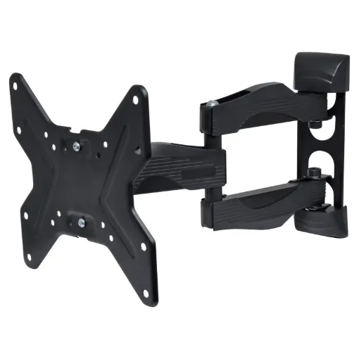 A compact articulated wall bracket for television screens up to 42” in size and 25kg in weight. Max distance from wall 342mm, folds flat to 52mm from wall surface. Provides 180° of adjustment and 15° of tilt. Mounting hole centres at 50mm, 75mm and 200mm square.