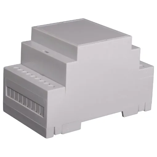 Easy snap fit construction DIN rail enclosure in 3 module width. Suits DIN EN60715 35mm top hat rail. Constructed from grey UL94V-0 polycarbonate. Three PCB positions allow greater flexibility in circuit design. Matching snap-on terminal guard