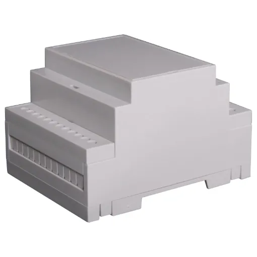 Easy snap fit construction DIN rail enclosure in 3 module width. Suits DIN EN60715 35mm top hat rail. Constructed from grey UL94V-0 polycarbonate. Three PCB positions allow greater flexibility in circuit design. Matching snap-on terminal guard