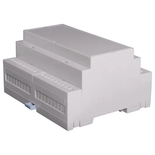 Easy snap fit construction DIN rail enclosure in 6 module width. Suits DIN EN60715 35mm top hat rail. Constructed from grey UL94V-0 polycarbonate. Three PCB positions allow greater flexibility in circuit design. Matching snap-on terminal guard