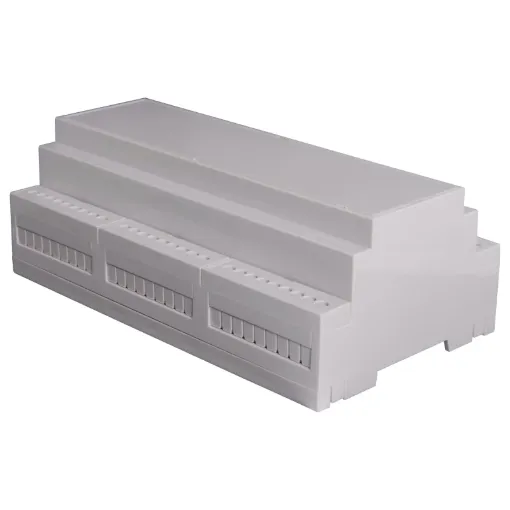 Easy snap fit construction DIN rail enclosure in 6 module width. Suits DIN EN60715 35mm top hat rail. Constructed from grey UL94V-0 polycarbonate. Three PCB positions allow greater flexibility in circuit design. Matching snap-on terminal guard