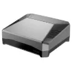 A R-Pi 4 enclosure supporting one M.2 SATA SSD drive, plus two full size HDMI ports, power management modes and built in IR control support. Features both active and passive cooling from an internal fan and aluminium heatsinking case.