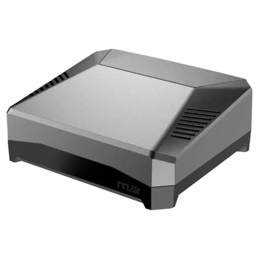 A R-Pi 4 enclosure supporting one M.2 SATA SSD drive, plus two full size HDMI ports, power management modes and built in IR control support. Features both active and passive cooling from an internal fan and aluminium heatsinking case.