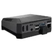A R-Pi 4 enclosure supporting one M.2 SATA SSD drive, plus two full size HDMI ports, power management modes and built in IR control support. Features both active and passive cooling from an internal fan and aluminium heatsinking case.