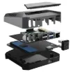 A R-Pi 4 enclosure supporting one M.2 SATA SSD drive, plus two full size HDMI ports, power management modes and built in IR control support. Features both active and passive cooling from an internal fan and aluminium heatsinking case.