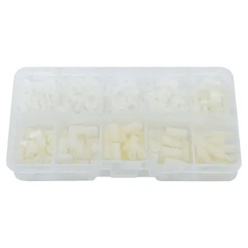 A handy collection of nylon hardware in M2.5 size. A commonly requested size for mounting development boards. Includes 120 hex nuts, 200 screws (4, 6, 10mm), 70 female-female standoffs (6, 8, 10, 12mm), 30 male-female standoffs (6, 12mm).