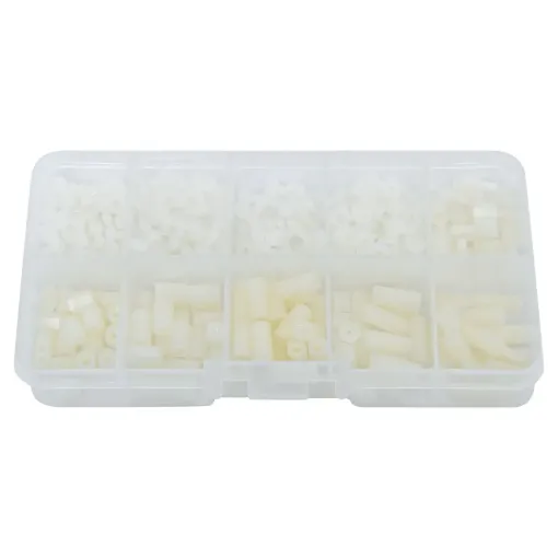 A handy collection of nylon hardware in M2.5 size. A commonly requested size for mounting development boards. Includes 120 hex nuts, 200 screws (4, 6, 10mm), 70 female-female standoffs (6, 8, 10, 12mm), 30 male-female standoffs (6, 12mm).