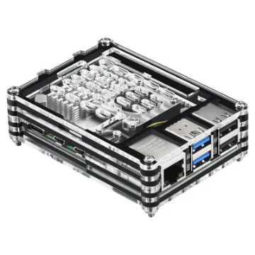 This compact multi-layer acrylic case suits the Raspberry Pi 5 and provides access to all ports on the board.  Includes cooling fan module with heatsink.