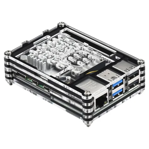 This compact multi-layer acrylic case suits the Raspberry Pi 5 and provides access to all ports on the board.  Includes cooling fan module with heatsink.