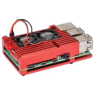 This is an armor aluminum alloy case designed for the Raspberry Pi 4 computer model B. Features dual cooling fans.