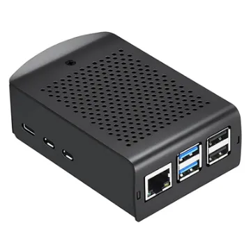 An all metal Raspberry Pi 5 case with internal cooling fan and heatsinks.