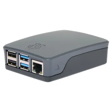 A compact, snap together black and grey case to suit the Raspberry Pi 4 Model B development board. Designed with all connection recesses and venting.