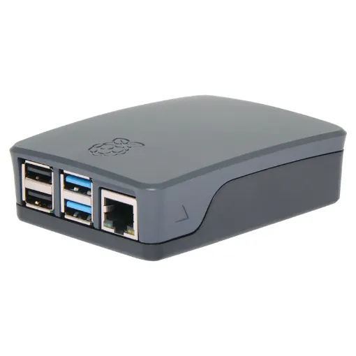 A compact, snap together black and grey case to suit the Raspberry Pi 4 Model B development board. Designed with all connection recesses and venting.