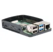 A compact, snap together black and grey case to suit the Raspberry Pi 4 Model B development board. Designed with all connection recesses and venting.