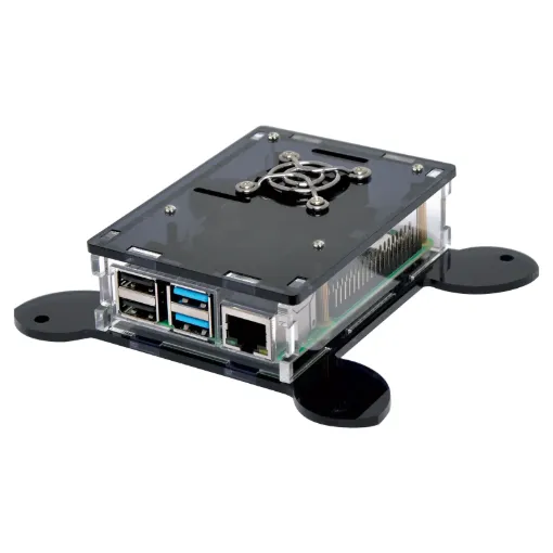 Allows mounting of your Pi to the rear of a monitor using standard 100mm spacing VESA bolt holes. Made from laser cut acrylic plastic. Internal fan for added cooling.
