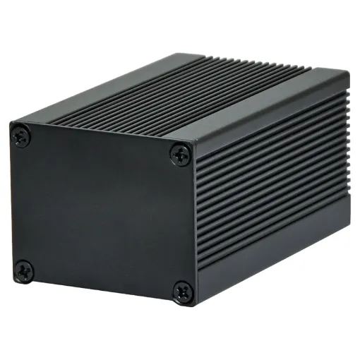 Extruded single piece aluminium cases. Flat aluminium end plates can be milled, screened and customised to suit your requirements. Finned extrusion adds thermal dissipation for heat sinked applications.