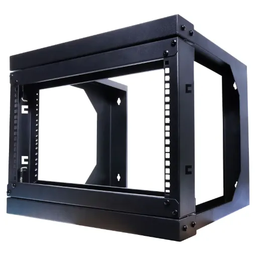 An open frame hinged wall mount 6RU 19” rack system designed for wall mounting equipment up to 420mm deep. Ideal for combinations of patch panels, security and audio equipment.
