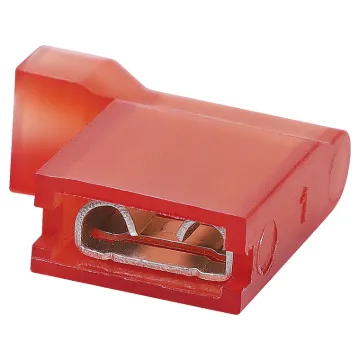 female Crimp Terminal made of brass with tin-plated finish. It comes with a red nylon insulator. It accepts 16 to 14AWG wire.