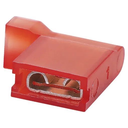 female Crimp Terminal made of brass with tin-plated finish. It comes with a red nylon insulator. It accepts 16 to 14AWG wire.