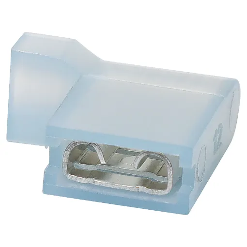 female Crimp Terminal made of brass with tin-plated finish. It comes with a blue nylon insulator. It accepts 16 to 14AWG wire.