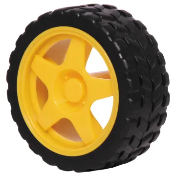 A plastic wheel with rubber tyre for robotics projects. 
Suits motors with double flat 5mm shaft (such as J 0016).
65&Oslash x 26Wmm.