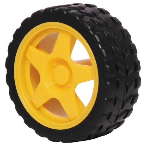 A plastic wheel with rubber tyre for robotics projects. 
Suits motors with double flat 5mm shaft (such as J 0016).
65&Oslash x 26Wmm.