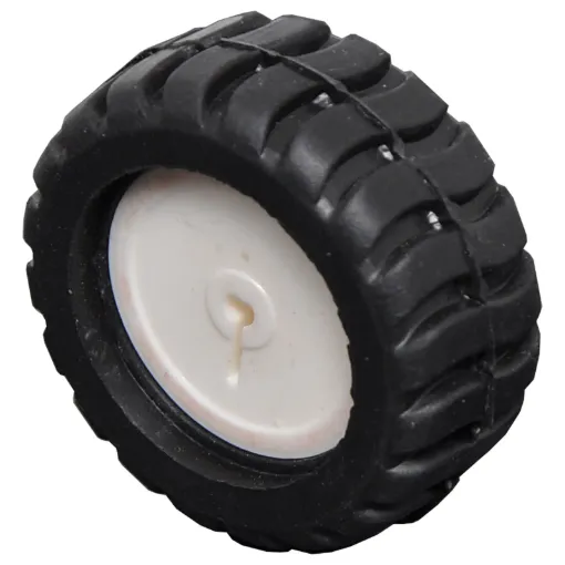 A white plastic wheel with rubber tyre for robotics projects. 
Suits micro N20 geared motors with 3&Oslash x 10Lmm shaft (such as J 0051/54).