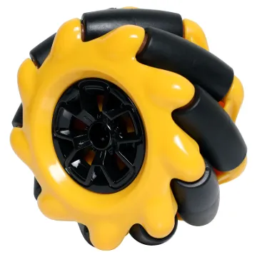 A plastic Mecanum wheel for robotics projects requiring omnidirectional movement.