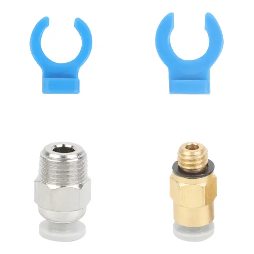 Replacement pneumatic connectors to suit Creality Ender 3. Includes extruder and hot end threaded fittings and tube clips.