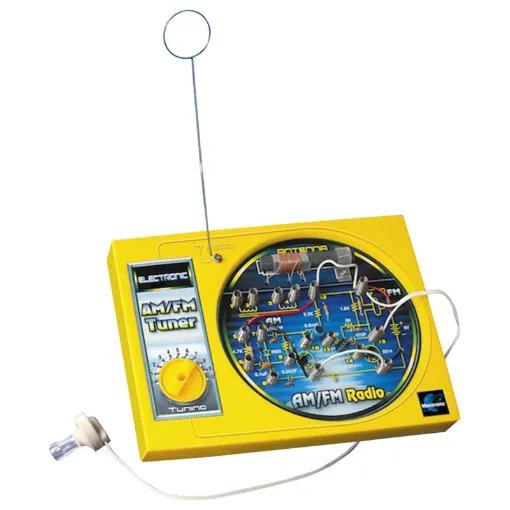 Build and learn with your own working AM-FM radio. Tunes into your favourite AM-FM radio stations. Receives band from 520-1650 KHz (AM) & 88-108 MHz (FM). Learn how radios work. Earphone included.