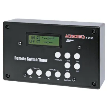 This remote control mains switch can be programmed to switch appliances on and off after a set period or to switch power on and off at set times.