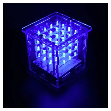 A fun LED cube featuring 64 blue LEDs for creating cool lighting effects. This kit has been designed to be easier to construct by using pre-made LED module strips and is housed with the Arduino control board and USB FTDI interface inside a laser cut acrylic case.