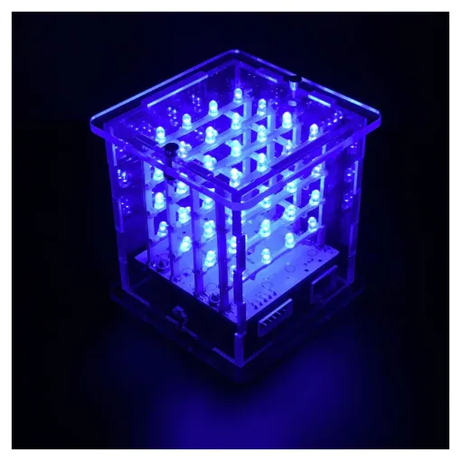 A fun LED cube featuring 64 blue LEDs for creating cool lighting effects. This kit has been designed to be easier to construct by using pre-made LED module strips and is housed with the Arduino control board and USB FTDI interface inside a laser cut acrylic case.