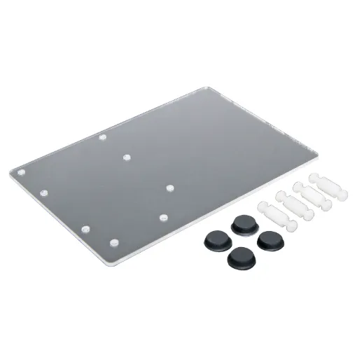 A clear acrylic base with rubber feet and standoffs to suit the Arduino UNO or Raspberry Pi. Space next to the module is provided for a breadboard such as the P 1020 or P 1002.
