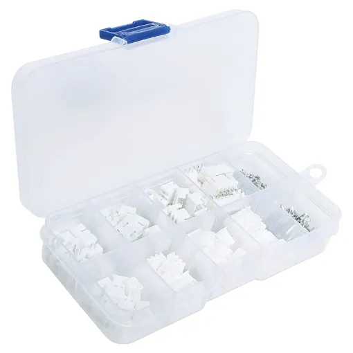 An assortment of straight pin boxed PCB connectors and matching plugs in 2, 3, 4 and 5 way varieties (10 of each plug and socket). Plus crimp pins to suit plug housings. 150pcs total.