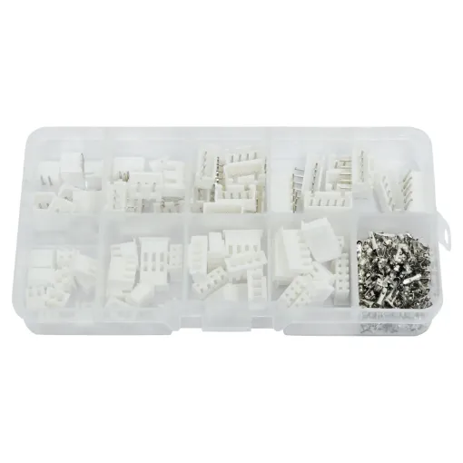 An assortment of straight boxed PCB connectors and matching plugs in 2, 3, 4 and 5 way varieties. Plus crimp pins to suit plug housings. 150pcs total.
